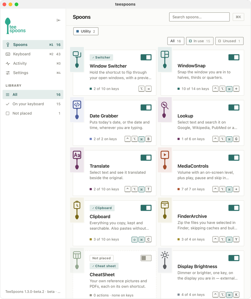 The same window in light mode, with white spoon cards and a pale sidebar.