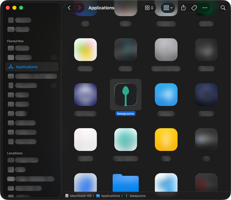 The Applications folder in the Finder, with teespoons selected